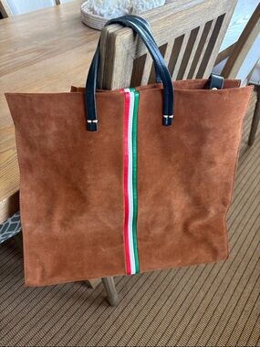 Clare V. Simple Tote Brown Suede with Tricolor Center Stripe